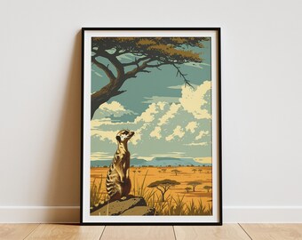 Erdmännchen auf Savanne Poster Vintage Reise Poster Afrikanische Tiere Kunst Druck Landschaft Wand Dekor
