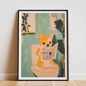 Shiba Inu Puppy Art Print Cute Dog on Toilet Newspaper Reading Poster Funny Bathroom Decor Puppy Lover Gift Kids Room Art