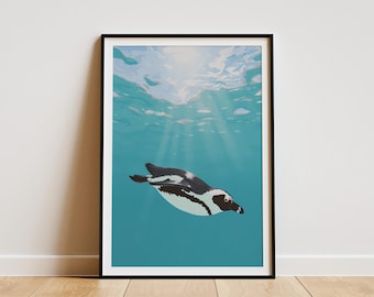 Póster moderno minimalista con ilustración de un pingüino nadando bajo el agua, decoración de pared con motivos marinos y de la vida del océano.