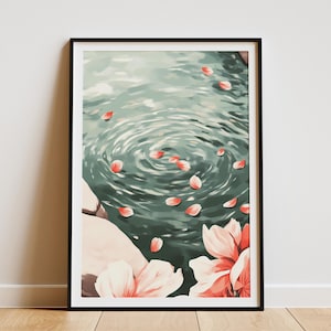Póster floral japonés con pétalos de flor de cerezo flotando en el agua, impresión artística de flores rosas, escena de naturaleza tranquila, decoración de pared estética serena boho