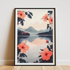 Póster de paisaje de lago con flores de hibisco, impresión de aguas tranquilas, arte de pared botánico, escena de naturaleza serena, decoración floral, decoración moderna para el hogar, color rosa