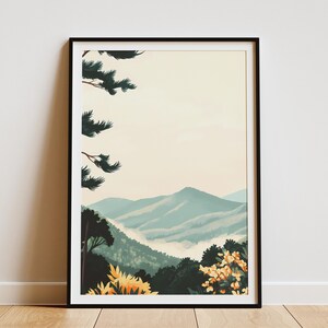 Neblige Berglandschaft Poster Moderne Natur KunstdruckAbstrakte Landschaft Wanddekor Minimalistische Foggy Hills Kunstwerk Kiefernwald Druck