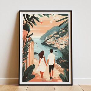 Amalfiküste DruckRomantisches Paar PosterItalienische DorfkunstReiseposterHand in Hand WalkSommerurlaub DekorMittelmeer