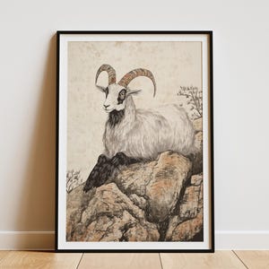 Póster de animales con impresión artística de cabra, estilo artístico tradicional chino, decoración de pared de cabra montés, cabra sobre rocas, impresión artística, decoración del hogar, animal