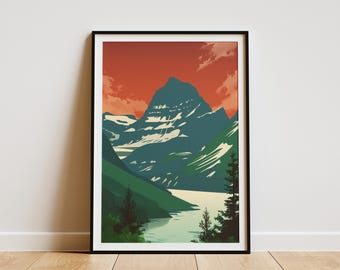 Glacier National Park Minimalistyczny plakat Górski krajobraz Sztuka wydruku Dekoracja ścienna Mid Century Modern