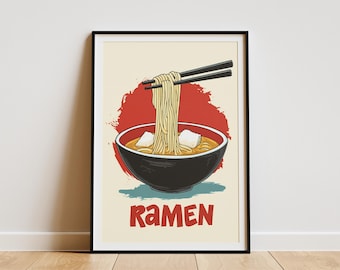 Ramen Noodles Poster Japanese Food Illustration Art Print Bowl of Ramen Asian Cuisine Kitchen Decor Restaurant Wall Art Gift for Foodie