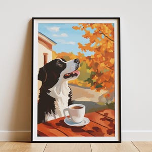 Border Collie Cafe Art Print gemütliches Café Poster Hundeliebhaber Geschenk Haustier Porträt Wandkunst Herbstlaub Herbst Dekor Canine Kaffeepause