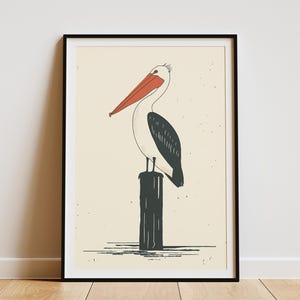 Impresión artística de pelícano, póster de pájaro costero, decoración de pared de animales del océano, decoración de casa de playa, ilustración de pájaro moderna, impresión náutica, pájaro en