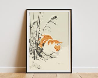 Orange Cat in Snowy Winter Landscape Print Japanese Style Asian Animal Art Bamboo Forest Scene Wall Decor Serene Feline Poster