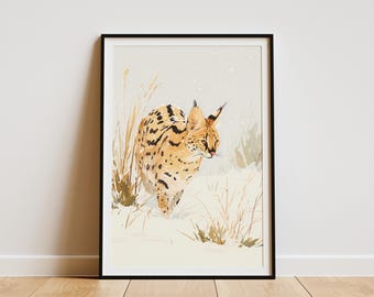 Serval Cat Wildlife Art Print Afrikaanse savanne kat in sneeuw muur decor winter dier minimalistische illustratie poster natuurliefhebber cadeau