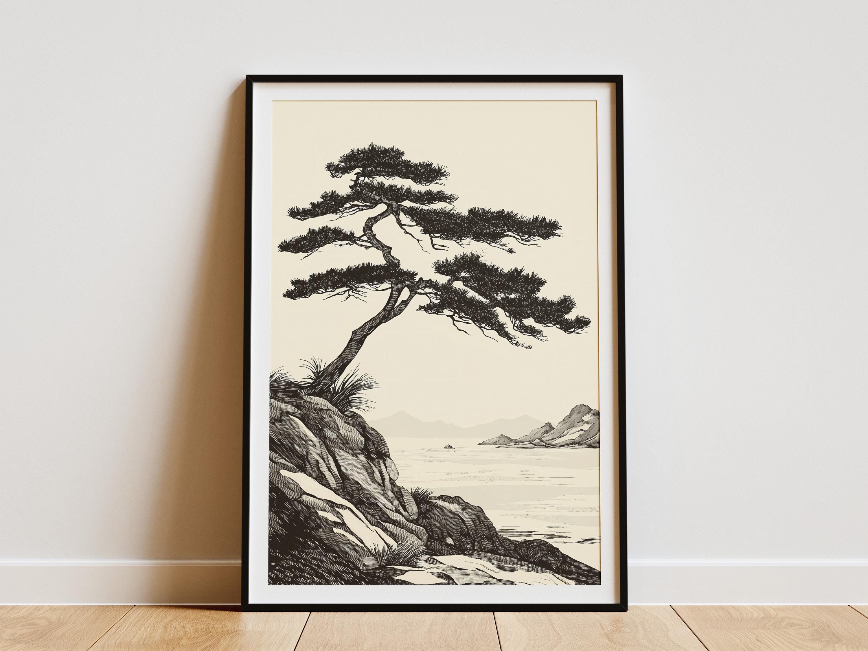 Japanese Pine Tree Poster Coastal Landscape Art Print Black and