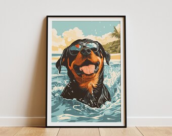 Könnte beinhalten: Gerahmter Kunstdruck eines Rottweiler-Hundes mit Sonnenbrille im Wasser. Der Hund lächelt, umgeben von Wasserspritzern, vor einem Strand- und Himmelshintergrund. Das Kunstwerk ist im Retro-Cartoon-Stil gehalten.