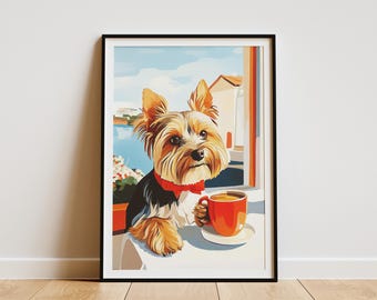 Yorkshire Terrier Coffee Lover Art Print Dog Drinking Coffee Mug Poster Pet Portrait Wall Art Dog Lover Gift Coffee Art Print Home Decor