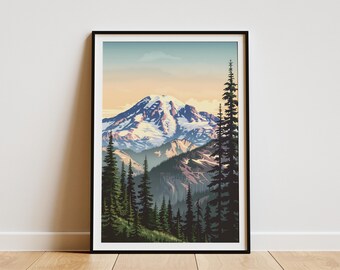 Mount Rainier National Park Poster Vintage Travel Poster Landscape Art Print Mountain Art Wall Decor Washington State Art