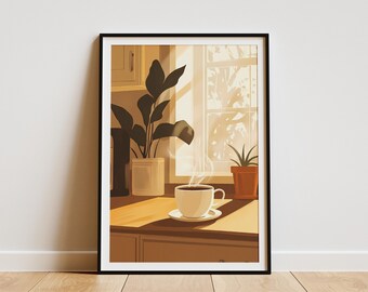 Morning Coffee Kitchen Poster Print Cozy Home Decor Sunlit Kitchen Art Minimalist Coffee Poster Warm Kitchen Vibes Modern Farmhouse Print