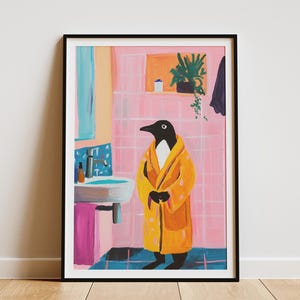 Pinguino in accappatoio dipinto bagno stampa artistica moderna decorazione murale animale poster uccello divertente illustrazione pinguino carino stravagante