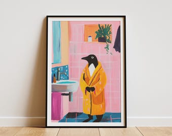 Penguin in a Bathrobe Painting Bathroom Art Print Modern Animal Wall Decor Funny Bird Poster Cute Penguin Illustration Whimsical