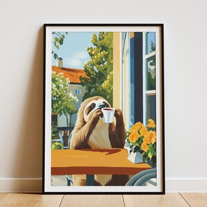 Sloth Cafe Poster Sloth Drinking Coffee Print Cozy Cafe Wall Art Matisse Style Poster Animal Art Print Home Decor Coffee Lover Gift