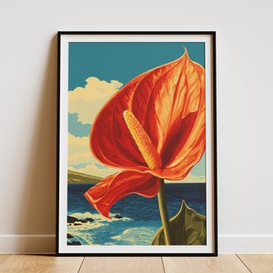 Vibrant Hawaiian Anthurium Flower Art Print Tropical Botanical Ocean Beach House Decor Modern Floral Wall Art Red Island Bloom Poster
