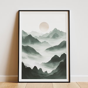 Impresión artística minimalista de acuarela de montaña, paisaje de inspiración japonesa, paisaje de cordillera simple, arte de pared, póster de papel, decoración del hogar