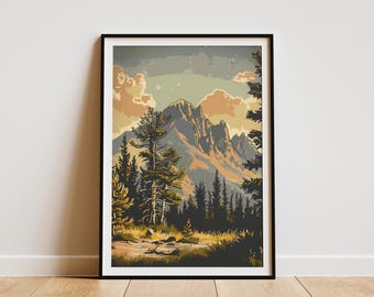 Vintage Travel Poster Mountain Art Print Minimalist Landscape Wall Decor National Park Art Print Forest Art Poster
