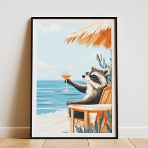 Póster de mapache de playa de verano, impresión artística de animales costeros, ilustración divertida de mapache, decoración de vida salvaje linda, póster de animales del océano, arte divertido de verano