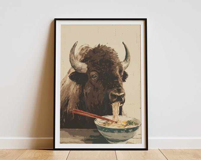Whimsical Bison Eating Ramen Noodles Art Print Funny Animal Food Poster Unique Kitchen Wall Decor Dorm Room Art Gift Idea for Foodies