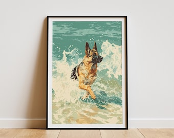 German Shepherd Ocean Art Print Dog Beach Lover Gift GSD Wall Decor Pet Portrait Poster Coastal Home Decor Wave Splash Artwork