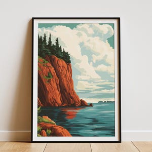 Bay of Fundy Kanada Illustration Poster Druck Rote Klippen Ozean Landschaft Natur Kunst Kanadisches Reiseplakat Wohnkultur Geschenk