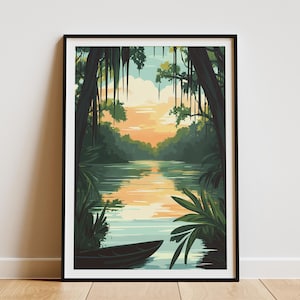 Bayou Bartholomew, paesaggio al tramonto, poster, stampa artistica di palude della Louisiana, scena di fiume tranquilla, poster di viaggio vintage, decorazione murale naturale, calma
