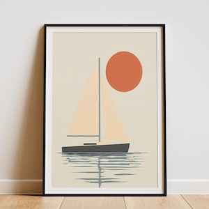 Póster de velero con puesta de sol en el océano, arte de pared náutico moderno, impresión de mar en calma, decoración abstracta de playa, decoración de verano para el hogar, yate geométrico
