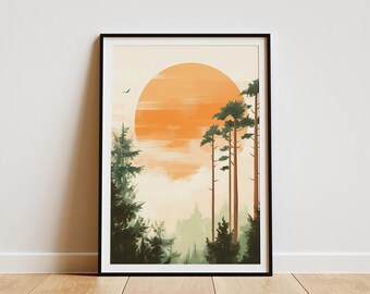 Plakat "Wschód słońca w lesie" Pomarańczowe słońce, wydruk artystyczny natury, nowoczesny minimalistyczny wystrój ścienny, ilustracja botaniczna, wydruk papierowy, wystrój domu