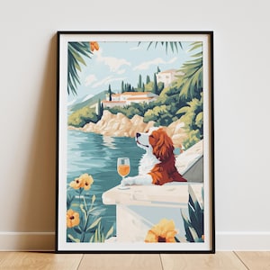 Bernedoodle Dog Art Print Coastal Dog Poster Summer Beach House Decor Dog Lover Gift Adorable Puppy Illustration Pet Portrait