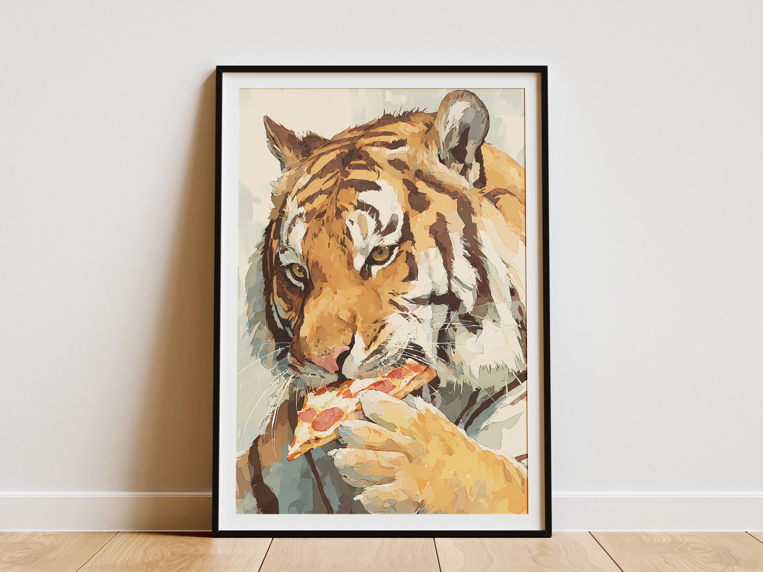 Humorous Tiger Eating Pizza Digital Art Print Poster Whimsical