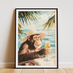 Elegante mono con sombrero para el sol, póster de cóctel de verano en la playa tropical, arte moderno de vida salvaje, ilustración de animal chimpancé, animal divertido