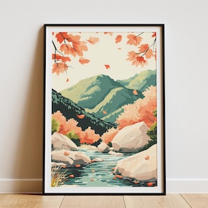 Póster de arroyo de montaña con hojas de otoño, impresión artística de paisaje de otoño, decoración de pared de naturaleza, colores nítidos, decoración de octubre, paisaje tranquilo, póster de senderismo