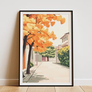 Großstadt Street Ginkgo Baum Poster Herbstlaub Moderne Kunst Druck Gelb Orange Stadtansicht Urban Natur Ginkgo Blätter Baum Art Botanical
