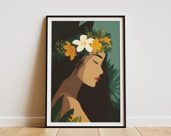 Floral Crown Woman Portrait Art Print Hawaiian Flower Poster Tropical Leaf Wall Decor Simple Botanical Art Travel Art Print Vacation Art