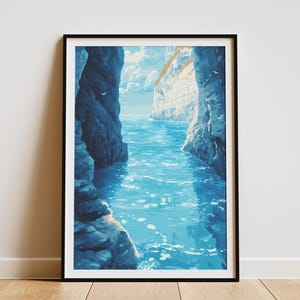 Póster de cueva oceánica, impresión de agua azul, arte costero, decoración de playa, vibraciones de verano, vista del acantilado, pintura de paisaje marino, mar turquesa, agua tranquila, océano