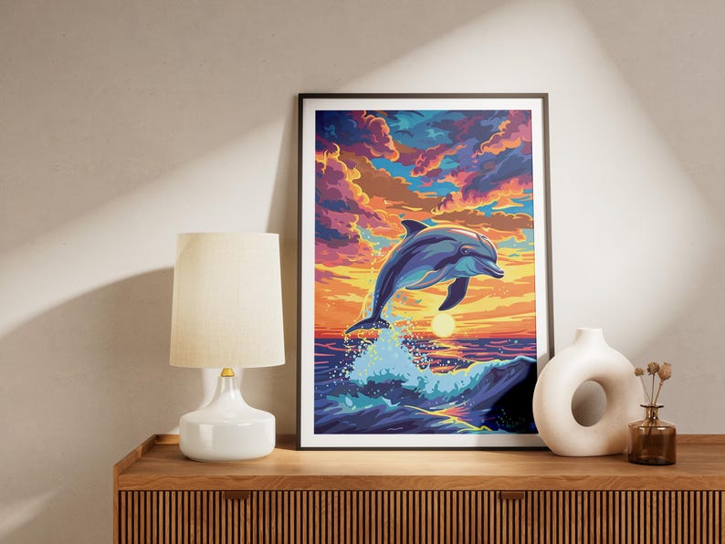 Ocean Dolphin Sunset Poster Print Abstract Animal Art Tropical Beach ...