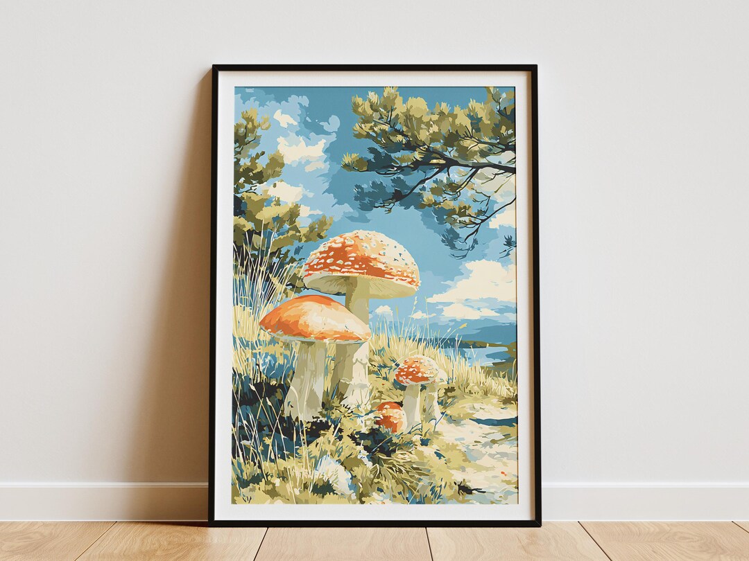 Vibrant Forest Mushroom Poster Print Nature Landscape Wall Art Colorful ...