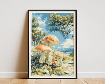Vibrant Forest Mushroom Poster Print Nature Landscape Wall Art Colorful Fungi Woodland Decor Modern MidCentury Lake Scene Illustration