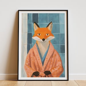 Póster de baño de estilo Matisse con zorro en bata de baño, arte animal moderno, ilustración de zorro lindo, póster divertido de animales, decoración del hogar, arte de pared con animales
