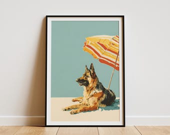 May include: Framed art print featuring a German Shepherd dog resting under a striped beach umbrella. The dog is brown, black, and tan, set against a light blue background. The umbrella has orange and yellow stripes.