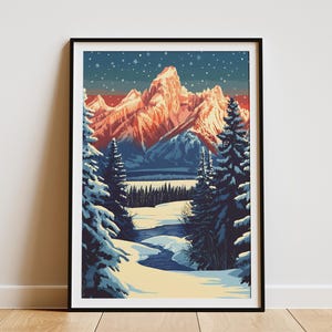 Grand Teton Nationalpark Winter Landschaft Poster Vintage Reise Poster Schneebedeckte Berge Kunstdruck Festliche Urlaub Dekor Wyoming National
