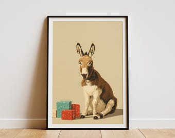 Festive Christmas Donkey Art Print with Gift Boxes for Holiday Decor Winter Animal Wall Art Xmas Farmhouse Rustic Illustration