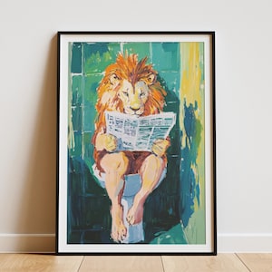 León divertido en el inodoro leyendo el periódico, arte de pared para el baño, póster de animales modernos, decoración del hogar caprichosa, decoración única para el baño, humor sobre el inodoro