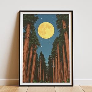 Redwood National Park Poster Vintage Reiseplakat Mond Kunstdruck Mondschein Redwood Wald Illustration Redwood Dekor California Wandkunst
