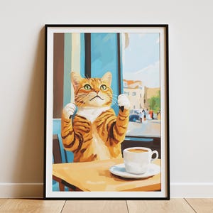 Póster de gato atigrado naranja, impresión artística de cafetería, gato caprichoso tomando café, lindo animal, decoración de pared, regalo para amantes de las mascotas, arte de cafetería de gatos, arte acogedor para el hogar