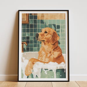 Golden Retriever Hund in der Badewanne Kunstdruck niedliches Tier Poster Badezimmer Wand Dekor Hundeliebhaber Geschenk Haustier Portrait Druck